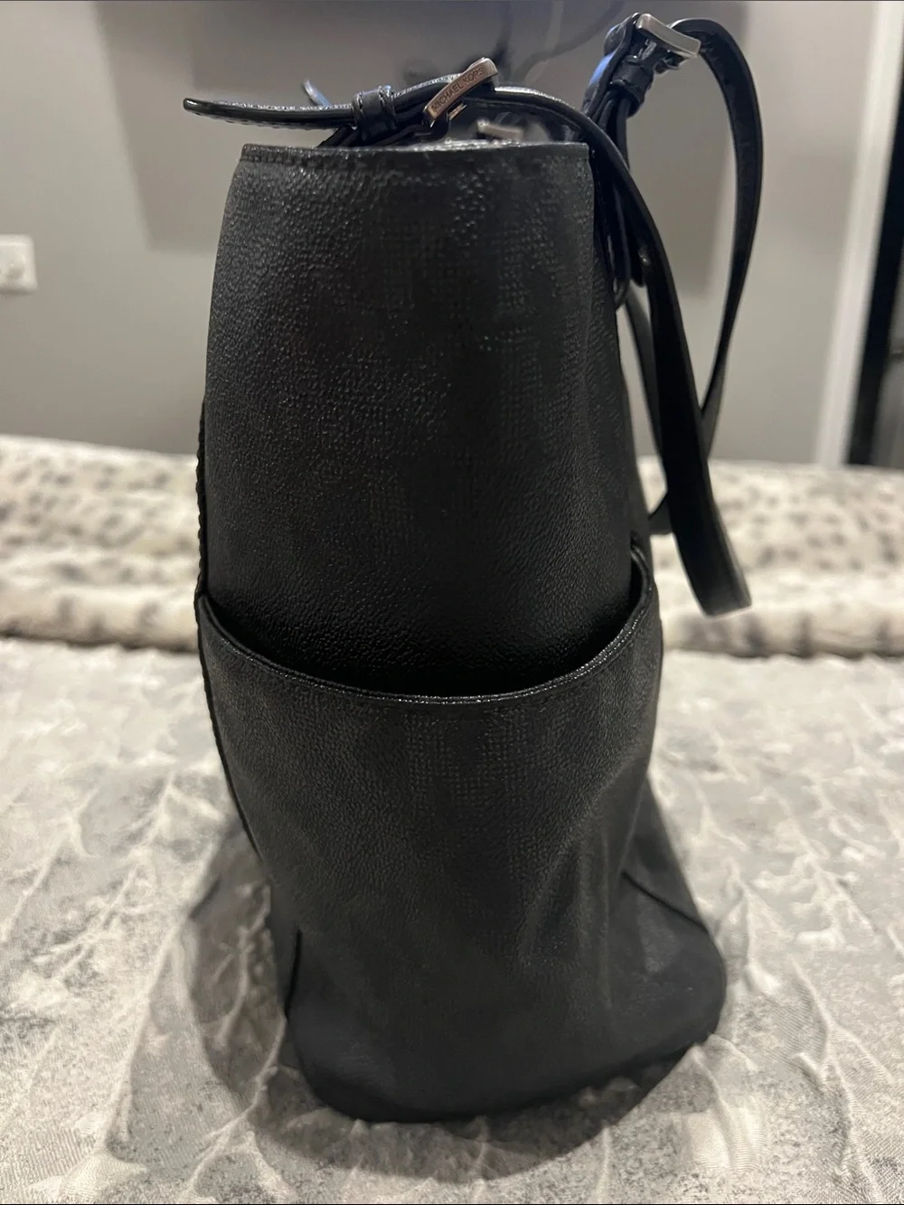 Michael Kors Black MK Monogram Tote with Silver Logo Charm